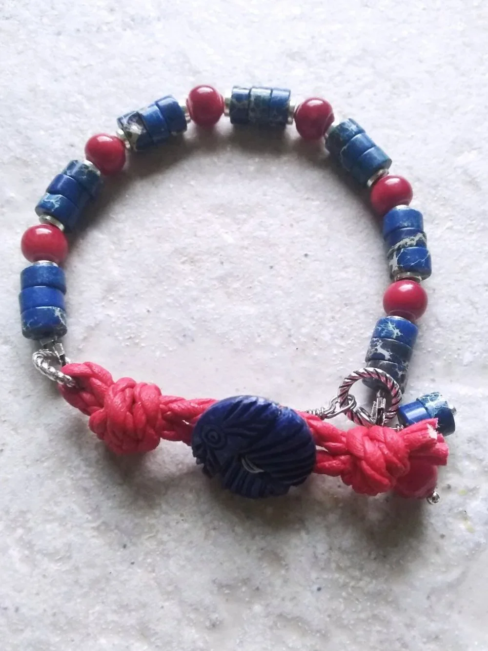 Handmade! Button & Loop Bracelet ~ Genuine Red Coral & Blue Sea Sediment Jasper